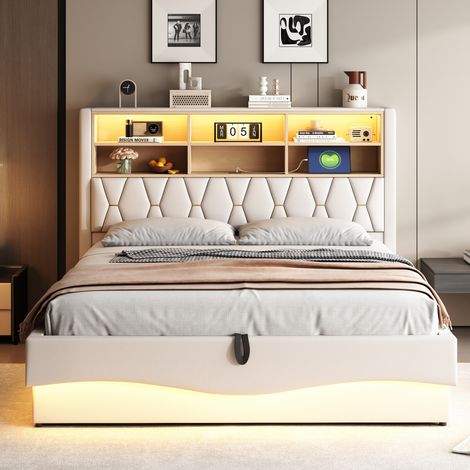 Lit adulte 180x200 cm, sommier à lattes métalliques, capitonnage lin beige, espace de rangement hydraulique, bande LED commandée via app, port USB (1/5)