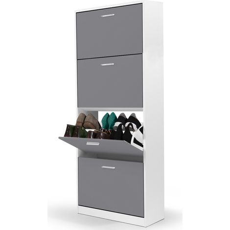 Idmarket – Meuble à chaussures 24 paires blanc 4 portes gris clair – Dimensions 60x24x150 cm – Panneaux de particules – Design épuré pour rangement optimisé (1/5)