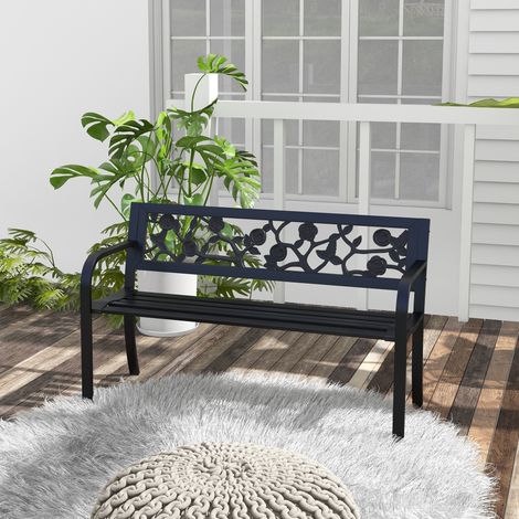 Banco de jardín de acero de 2 plazas con respaldo y reposabrazos decorados, 127x50x75cm, negro. (1/5)