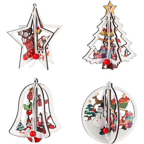 4er-Set 3D-Weihnachtsbaumschmuck aus Holz, Anhänger, Glocken, Sterne