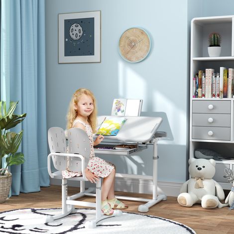 Bureau enfant avec chaise réglable en hauteur. plateau incliné 45°. tiroir et support de livre. gris (1/5)