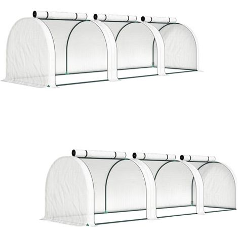 2er-Set tunnelgewächshaus, 3 Fenster mit Reißverschluss, Stahlrahmen, robuste Plane, 295 x 100 x 80 cm, Weiß