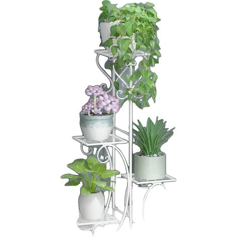 Soporte para plantas de 4 niveles, construcción metálica duradera, color blanco. (1/2)