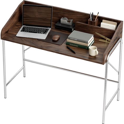 Bureau d'ordinateur 109 cm avec rebord de sécurité structure métal noyer, protège vos affaires de la chute, design robuste pour usage quotidien (1/5)