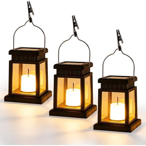 Lot de 3 lampes solaires à suspendre pour l'extérieur : lanterne solaire pour extérieur, lanterne solaire d'extérieur avec bougie LED, étanche IP65, pour jardin, terrasse, cour, balcon, extérieur (1/5)