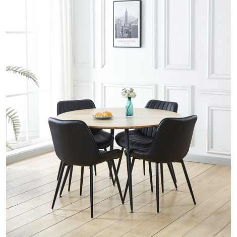 Hallowood Furniture Cullompton Round Dining Table and Chairs Set 4, Light Oak Effect Kitchen Table and Chairs in Black Bonded Leather Upholstery, Modern Café or Home Furniture (1/5)