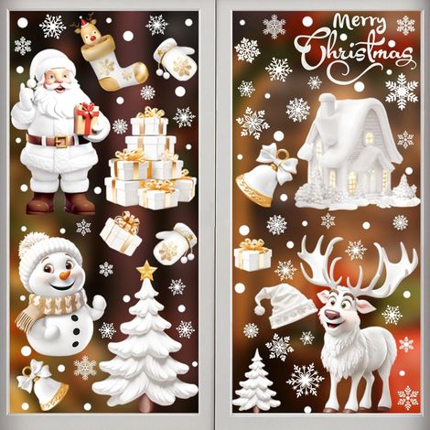Autocollants Fenêtre Noël - Décoration Adhésive avec Flocons de Neige, Père Noël et Renne - Stickers Décoratifs sans Trace pour Vitre, Vitrine (1/5)