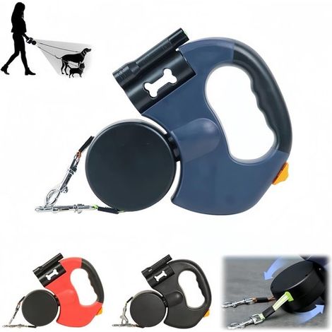 Doppelleine für Hunde, 3 Meter – Einziehbare Hundeleine – Mit LED-Beleuchtung – Kotbeutelhalter – 360° drehbar – Für 2 Hunde – Reflektierend – Blau (1/5)