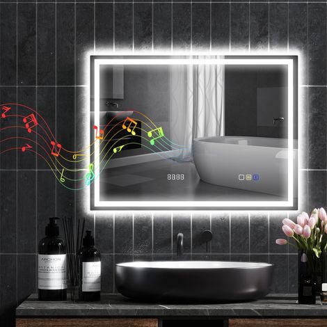 Specchio da bagno a LED con Bluetooth, 60 x 80 cm, interruttore touch, luce regolabile, 3 colori, antiappannamento, funzione memoria, argento