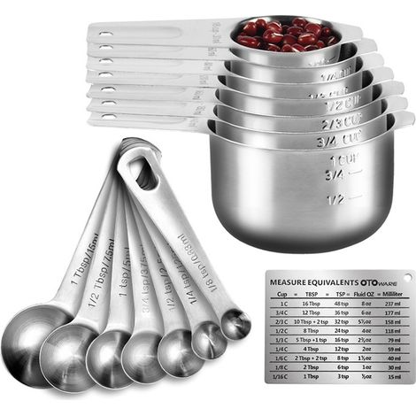 BEBUSINGOTO Messlöffel und -becher aus Edelstahl mit Lineal, Schaufel mit Clip, Küchenumrechnungstabelle, 15er-Set für trockene und flüssige Zutaten