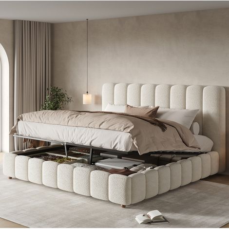 Doppelbett 160x200 cm Bouclé Weiß mit hydraulischem Stauraum, ohne Matratze – MEUBLIV (1/5)