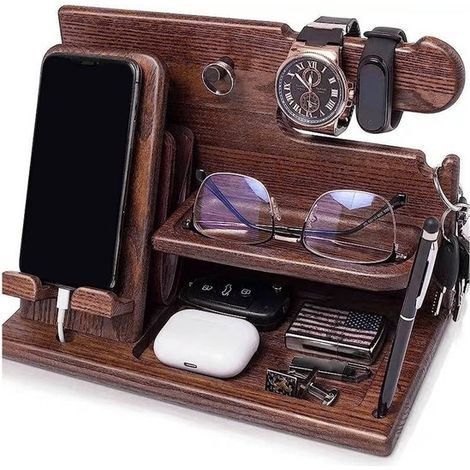Caja de almacenamiento de escritorio de madera,Soporte para teléfono de madera maciza,Regalo para hombres,padres (marrón,25,5 x 15 x 19 cm) (1/5)