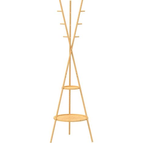 CHICFURN Appendiabiti da terra 176 x 58,5 cm in bambù naturale, 9 ganci e 2 ripiani (1/5)