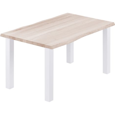 LAMO Manufaktur Esstisch Küchentisch, mit Baumkante 140x60x76 cm (AxBxH), Classic, Roh / Weiss, LNB-01-A-001-9016Cl