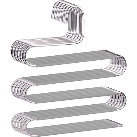 CCYKXA  (Grey) Set of 6 space-saving, non-slip S-shaped stainless steel hangers for trousers, jeans, scarves, pants, ties, towels