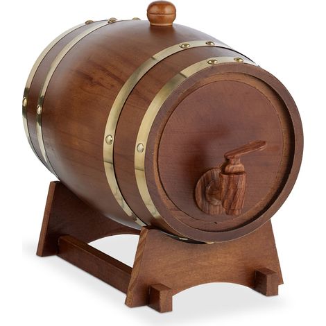 Relaxdays Small Wooden Barrel, 2.2 l, Cask with Trestle & Tap, for Wine & Spirits, Decorative Schnapps Keg, Dark Brown (1/5)