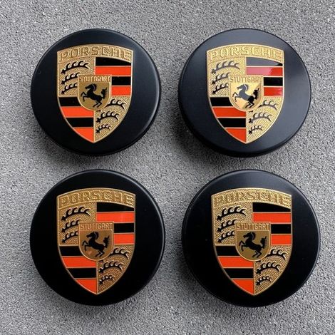 Eclairage Design – Enjoliveurs de roue Porsche noirs incurvés 76 mm – 100 % neufs – 100 % étanches – Avec logo couleur assortie