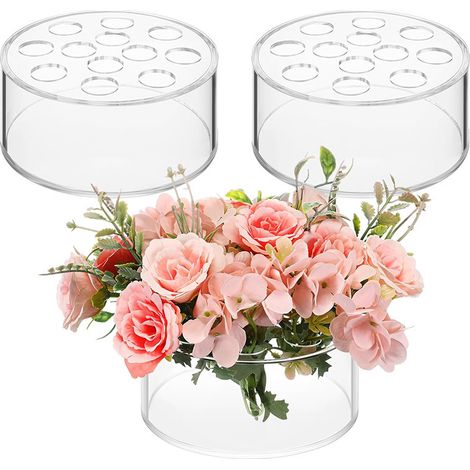 BEBUSINGOTO Lot de 3 centres de table floraux en acrylique pour décoration de table de salle à manger, 12 trous, support de fleurs bas avec trous pour fête d'anniversaire à la maison (transparent) (1/5)