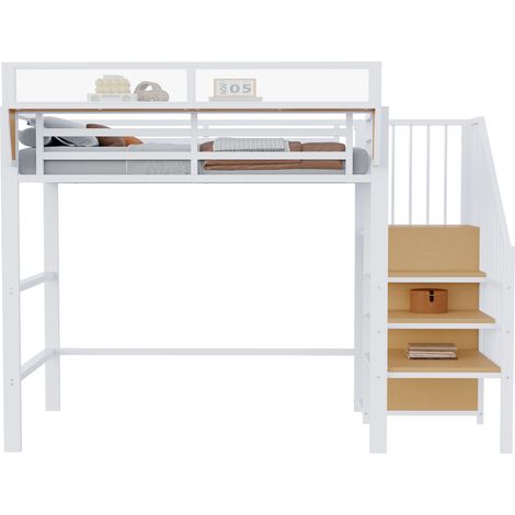 Hochbett Einzelbett mit Sicherheitsleiter und Verstellbarem Regal, 90 x 200 cm, ohne Matratze, Weiss (1/5)
