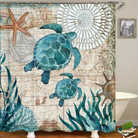 Rideau Douche 180x200cm Tortue Mer Polyester Lavable (1/5)