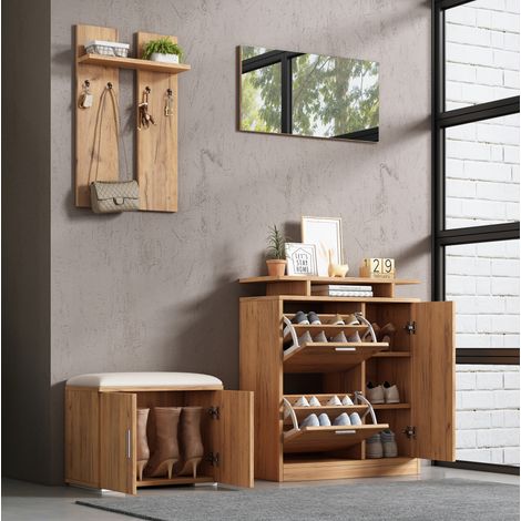 Flur-Garderoben-Set 140x35x133 cm Natur Spanplatte mit Schuhbank, Spiegel, 4 Haken und 5 Türen (1/5)