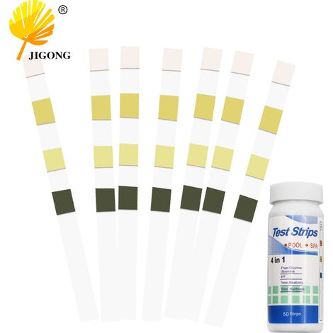 Bandelettes de test de qualité de l'eau 4 en 1 (50 bandelettes, 1 flacon) - Bandelettes de test pour aquarium et piscine, bandelettes de pH, bandelettes de test de chlore résiduel