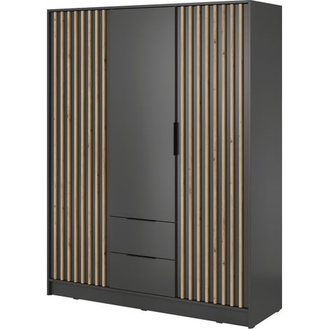 Kleiderschrank 150 cm Fioro - Schrank vom Hersteller, Schlafzimmerschrank - Drehtürenschrank mit Lamellen, 3 Tür (Graphit)