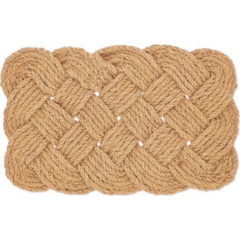 Relaxdays Coir Rug, Knot Pattern, 75 x 45 cm, Handmade, Door Mat, Welcome Entrance Mat, Natural Colour (1/5)