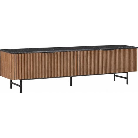 Meuble TV en bois cannelé et plateau effet marbre - Noyer, Noir Marquina, Noir Mat (1/5)