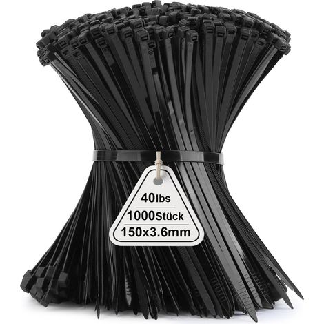 Lot de 1000 serre-câbles noirs - 150 mm x 3,6 mm - Pour l'industrie - Résistants aux UV - Durable - Petit nylon - Fermeture éclair autobloquante - Avec 18 kg - Pour le jardinage, la maison, le bureau (1/5)