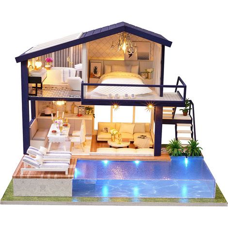 Maison de poupée décorative miniature en bois à assembler pour enfant (sans couvercle anti-poussière)