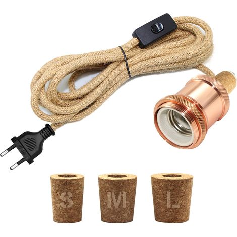 Kit Lampe Bouteille, 240CM Corde de Chanvre Câble, Céramique Douille E27, Support Ampoule pour Bouteille, 3 Bouchons Souples, Adaptateur de Bouteille, Convient pour Différent Abat Jour, Or Rose (1/5)
