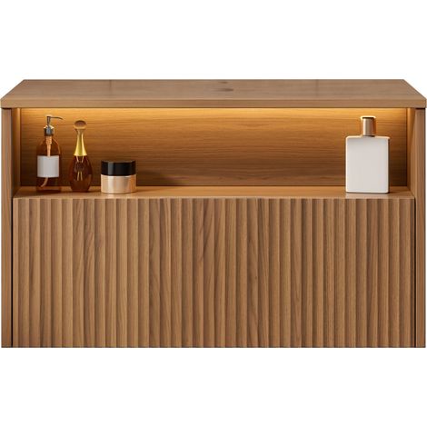 Meuble de salle de bain mural MINA 80 cm, contreplaqué rayé avec tiroir, sans lavabo, robinetterie ni bonde, finition chêne brun. (1/5)