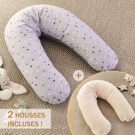 Pack Coussin de Maternité XXL - 2 Housses incluses : Étoile Gris & Écru Doux - Grossesse, Maternité et Allaitement