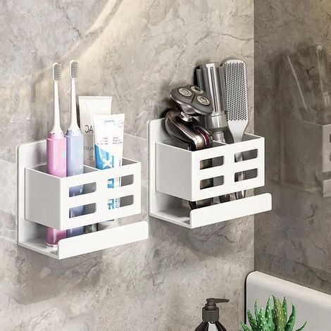 Support Mural Étagères de salle de bain 2 Pièces, Porte-Brosse à Dents et Organiseur Rasoir, Fixation Sans Perçage (1/5)