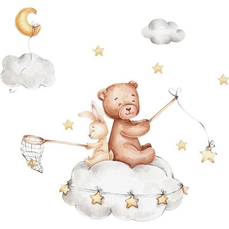 Mural Ours Lapin Stickers Muraux Avec étoiles Lune Nuages Lapin Ours Autocollant Mural Stickers Chambre Enfants Stickers Muraux Enfants Animaux pour Garçon Chambre d'Enfant Fille 60 x 70 cm (1/5)
