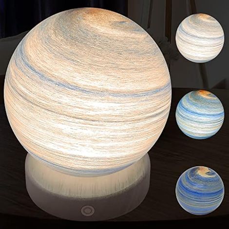 Lampue de table globe 3D en verre soufflé artisanal, veilleuse d'ambiance dimmable, décoration astronomique, 3 couleurs, contrôle tactile, rechargeable USB, base en bois, 12 cm