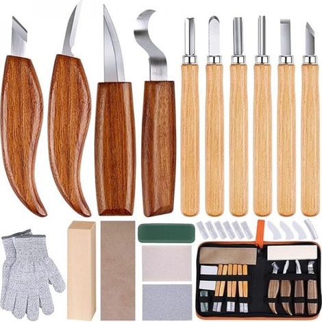 Holzschnitzset – 4 Messer + 6 Hohlbeitel + Zubehör – Für Anfänger – Tragetasche aus Segeltuch – 10-teilig (1/5)