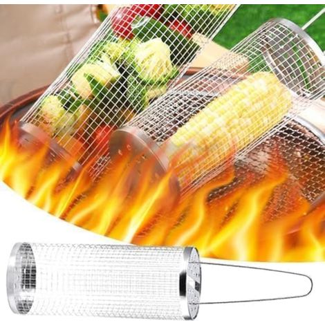 Lot de 2 paniers roulants pour barbecue d'extérieur, gril rond en acier inoxydable, gril portable pour camping en plein air