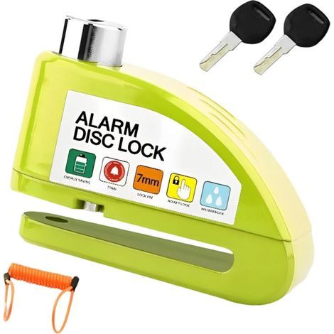 Candado de disco con alarma antirrobo, para bicicletas, patinetes eléctricos, motocicletas, etc., color amarillo (cable de seguridad incluido). (1/4)