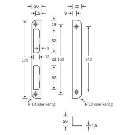 Gâche serrure .Alu.argenté B20xL170mm rd.T.8mm DIN Gauche/Droite SSF