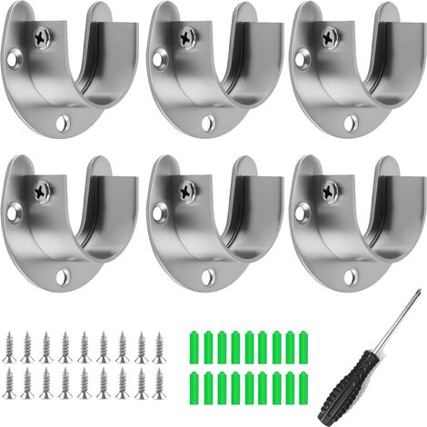 6 PCS Support Barre Penderie en Acier Inoxydable, Support Tringle Penderie en Forme de U, Supports de Tige à Bride en Alliage de Zinc avec Vis et Tournevis pour le Supports D'armoire (25MM) (1/5)