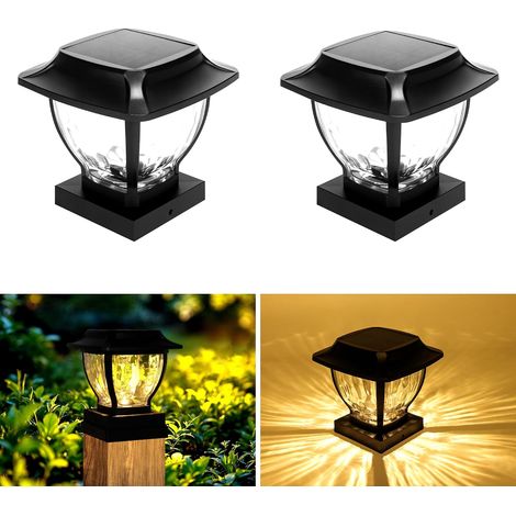 Lampe Solaire Chapeau de Poteau, Lot de 2 Capuchon de Poteau Solaire, 2 Modes Lampe LED Lampadaire Solaire Extérieur pour Poteau de clôture Patio (Blanc Chaud) (1/5)