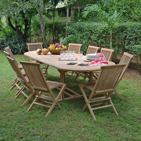 Teck'Attitude – Ensemble table ovale extensible en teck massif – 10 places – 2 rallonges papillon – Résistant aux intempéries – Design léger et pliable (1/5)