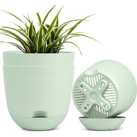 Macetas autorriego para uso interior y exterior, color verde, 17 cm (3 unidades) (1/5)