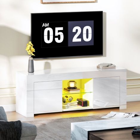 Mobile TV con LED, 2 ante, ripiano in vetro, passacavi, bianco DESVIAE (1/5)