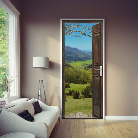 Sticker porte, vue sur les alpages verts en été magnifique, 204 cm X 73 cm (1/4)