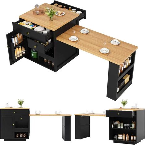 Îlot de Cuisine Extensible 122.5-195.5×70×93.8cm,Buffet Cuisine Avec Table à manger,2 Tiroirs & Porte-bouteilles,charge 60KG,Noir