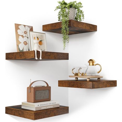 Étagère Murale Lot de 4, 25253.8cm Étagère Murale Bois, Étagere Murale Fixation Invisible, Floating Shelves pour Salle de Bain, Chambre, Cuisine, Toilette, Livre, Salon - Noir Carbonisé (1/5)