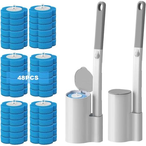Brosse WC Jetable, Ensemble De Brosses De Toilette Mural avec 48 Têtes de Rechange + 2 Pcs Brosses WC et Supports Balai Toilettes, Disposable Toilet Brush pour Salle de Bain, WC (Bleu) (1/5)